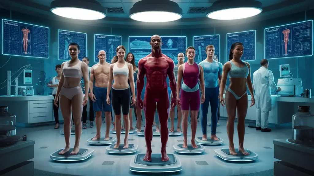 Pessoas em uma sala iluminada usando balanças digitais de composição corporal com dados biométricos em telas.