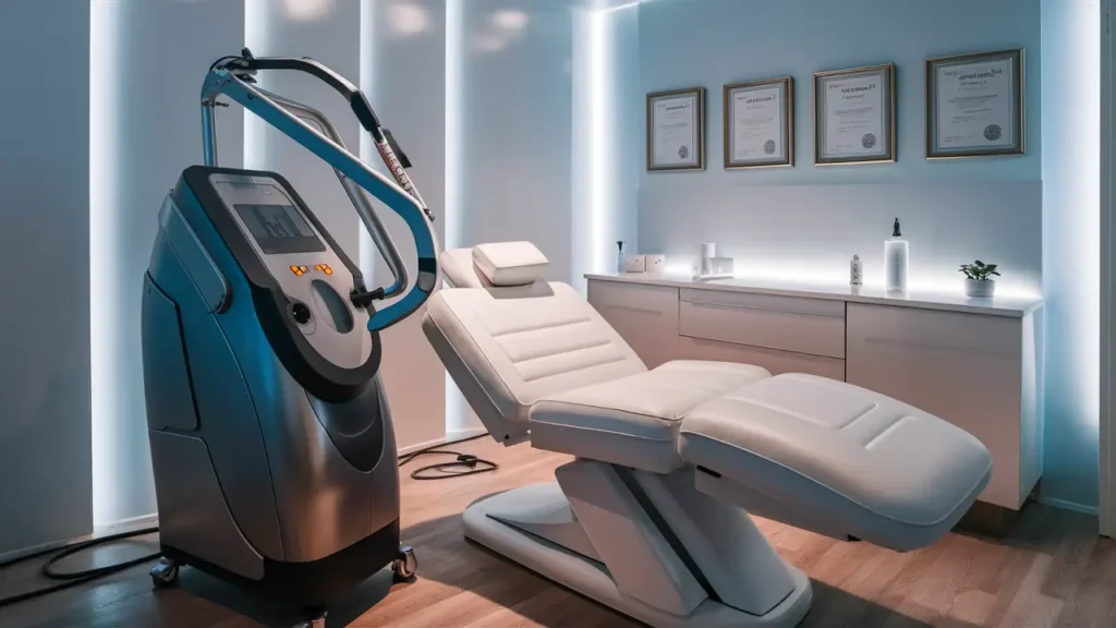 Sala de clínica estética moderna com máquina de contorno corporal prateada e cama de tratamento branca.
