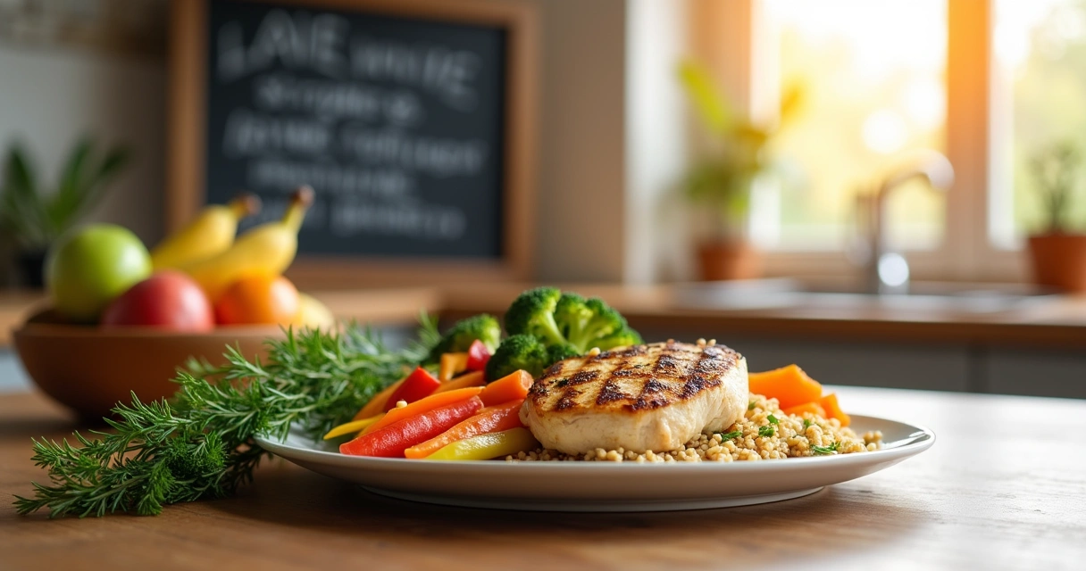 Prato saudável com frango grelhado, vegetais coloridos e quinoa em uma mesa de madeira iluminada.