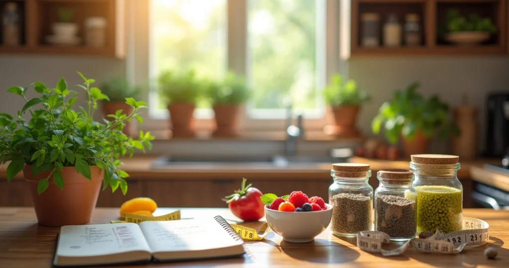 Mesa de madeira com suplementos naturais para emagrecimento, como chá verde e frutas, iluminada por luz natural.