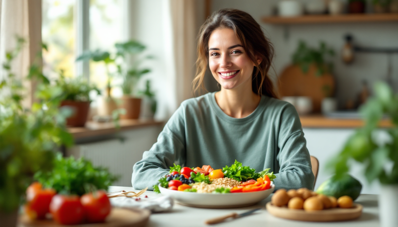 Ilustração corporativa de mulher segurando pratos com alimentos variados que equilibram hormônios