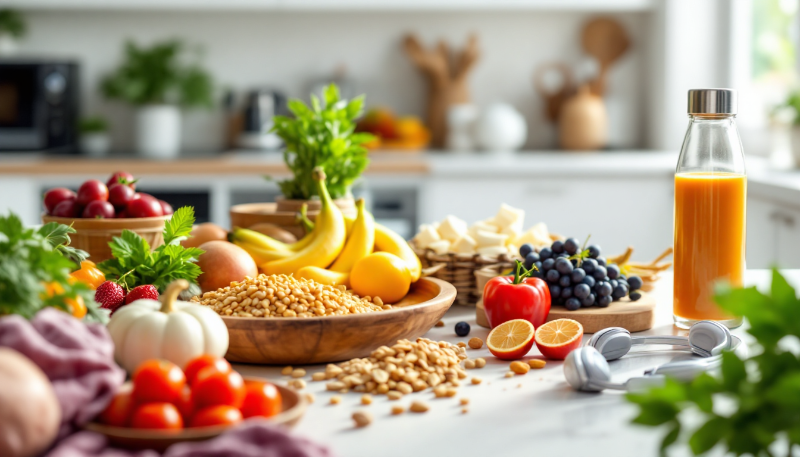 Ilustração de alimentos saudáveis em uma mesa colorida