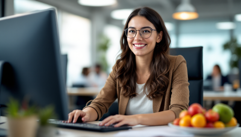 Ilustração corporativa de pessoa consumindo almoço saudável no ambiente de trabalho com mesa organizada e vegetais coloridos