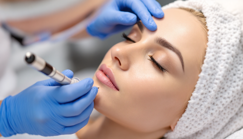 Ilustração corporativa flat de uma mulher aplicando botox no rosto para prevenir rugas precoces